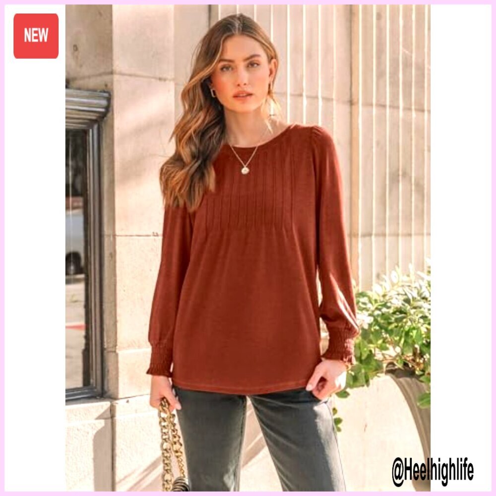 Long Sleeve Pleated Blouse Smocked Cuffs Business Casual Top - Picture 2 of 7